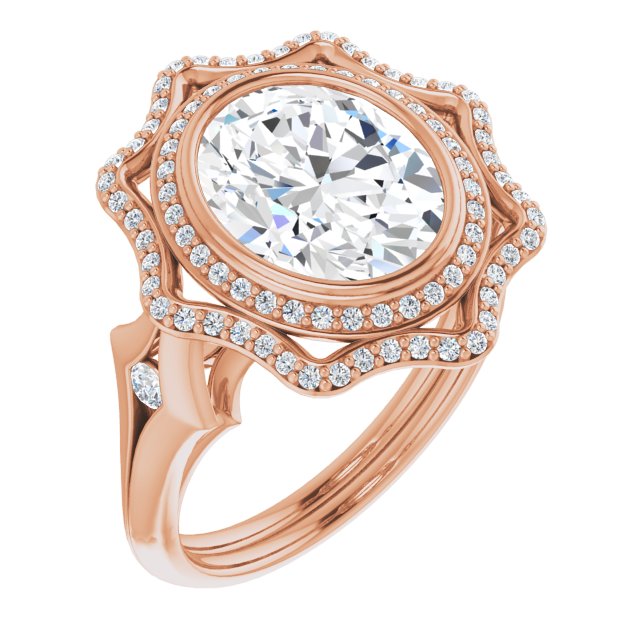 10K Rose Gold Customizable Cathedral-bezel Oval Cut Design with Floral Double Halo and Channel-Accented Split Band