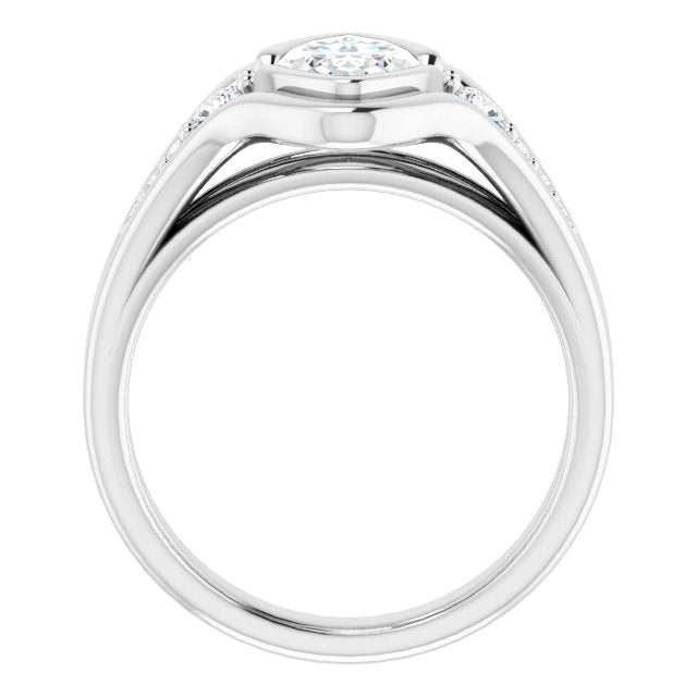 Cubic Zirconia Engagement Ring- The Naira (Customizable 9-stone Marquise Cut Design with Bezel Center, Wide Band and Round Prong Side Stones)