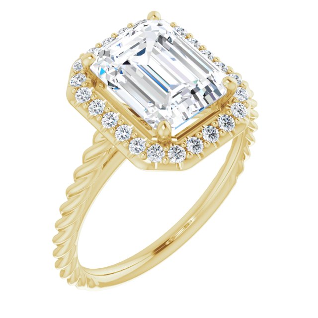 10K Yellow Gold Customizable Cathedral-set Emerald/Radiant Cut Design with Halo and Twisty Rope Band