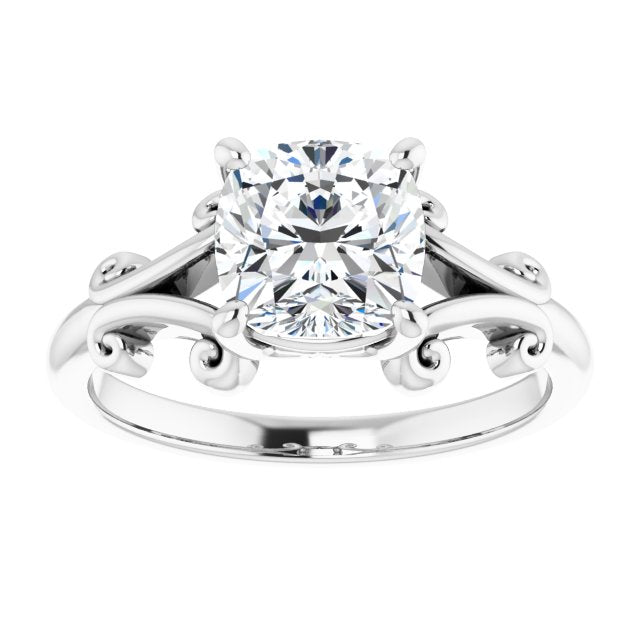 Cubic Zirconia Engagement Ring- The Paisley (Customizable Cushion Cut Solitaire with Band Flourish and Decorative Trellis)