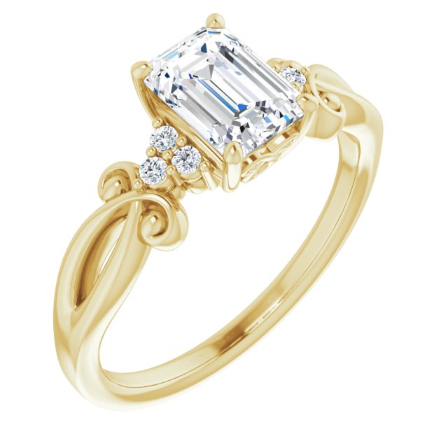 10K Yellow Gold Customizable 7-stone Emerald/Radiant Cut Design with Tri-Cluster Accents and Teardrop Fleur-de-lis Motif