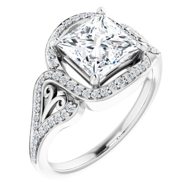 10K White Gold Customizable Princess/Square Cut Design with Bypass Halo and Split-Shared Prong Band
