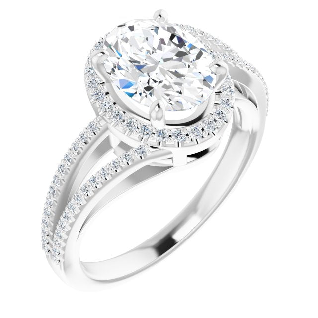 10K White Gold Customizable Oval Cut Vintage Design with Halo Style and Asymmetrical Split-Pavé Band