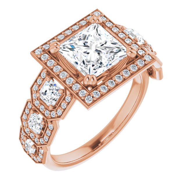 10K Rose Gold Customizable Cathedral-Halo Princess/Square Cut Design with Six Halo-surrounded Asscher Cut Accents and Ultra-wide Band