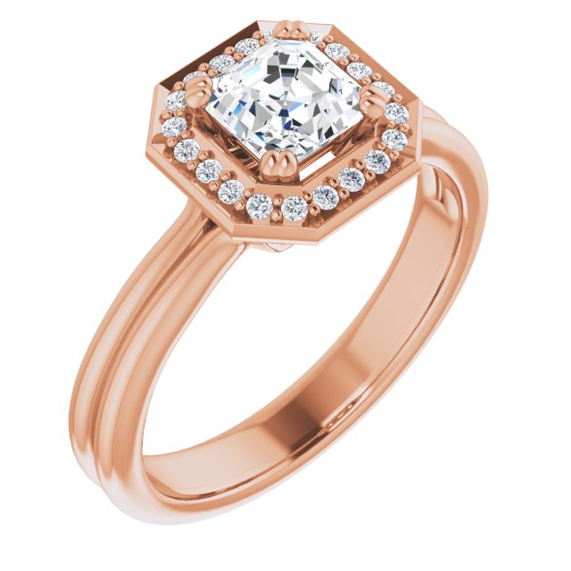 10K Rose Gold Customizable Asscher Cut Style with Scooped Halo and Grooved Band