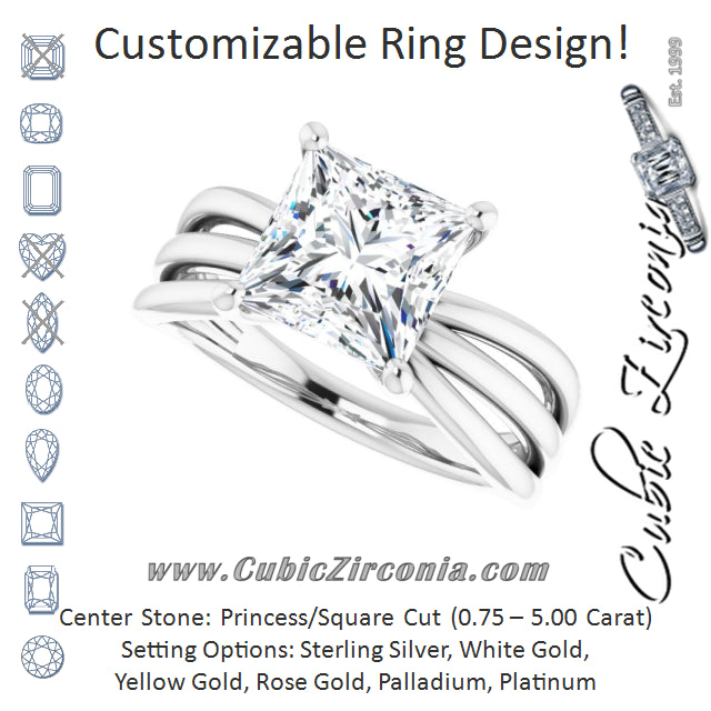 Cubic Zirconia Engagement Ring- The Maha (Customizable Princess/Square Cut Solitaire Design with Wide, Ribboned Split-band)