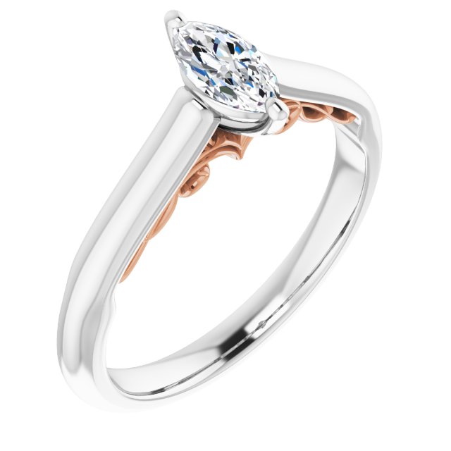 14K White & Rose Gold Customizable Marquise Cut Cathedral Solitaire with Two-Tone Option Decorative Trellis 'Down Under'