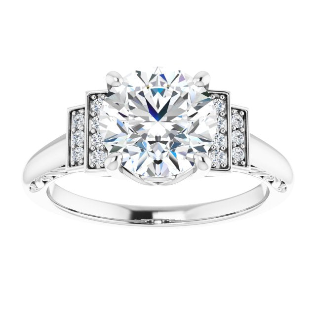 Cubic Zirconia Engagement Ring- The Brynhild (Customizable Engraved Design with Round Cut Center and Perpendicular Band Accents)