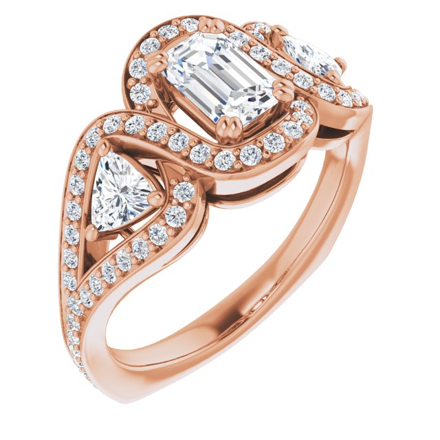 10K Rose Gold Customizable Emerald/Radiant Cut Center with Twin Trillion Accents, Twisting Shared Prong Split Band, and Halo
