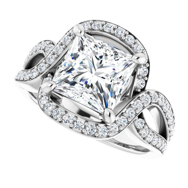Cubic Zirconia Engagement Ring- The Effie (Customizable Princess/Square Cut Center with Infinity-inspired Split Shared Prong Band and Bypass Halo)