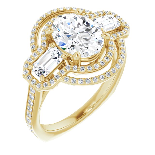 10K Yellow Gold Customizable Enhanced 3-stone Style with Oval Cut Center, Emerald Cut Accents, Double Halo and Thin Shared Prong Band