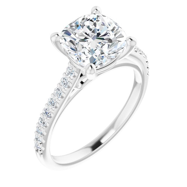 10K White Gold Customizable Cathedral-raised Cushion Cut Design with Accented Band and Infinity Symbol Trellis Decoration