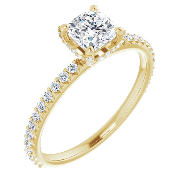 10K Yellow Gold Customizable Cushion Cut Design with Round-Accented Band, Micropav? Under-Halo and Decorative Prong Accents)
