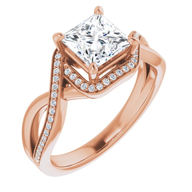 10K Rose Gold Customizable Bypass-Halo-Accented Princess/Square Cut Center with Twisting Split Shared Prong Band