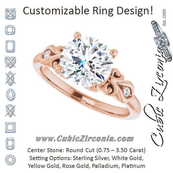 Cubic Zirconia Engagement Ring- The Natsumi (Customizable 3-stone Round Cut Design with Small Round Accents and Filigree)