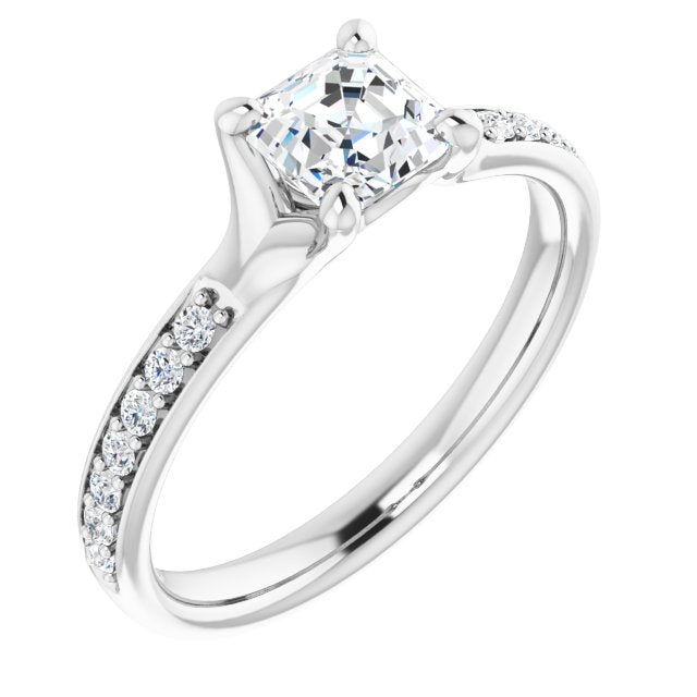 10K White Gold Customizable Heavy Prong-Set Asscher Cut Style with Round Cut Band Accents