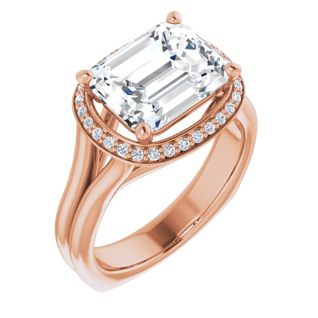 10K Rose Gold Customizable Emerald/Radiant Cut Style with Halo, Wide Split Band and Euro Shank