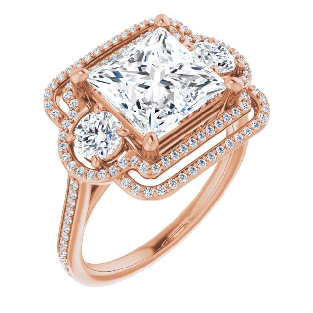 10K Rose Gold Customizable Enhanced 3-stone Double-Halo Style with Princess/Square Cut Center and Thin Band