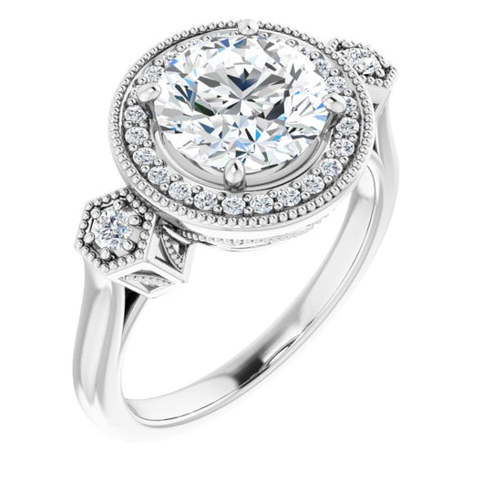 Platinum Customizable Cathedral Round Cut Design with Halo and Delicate Milgrain
