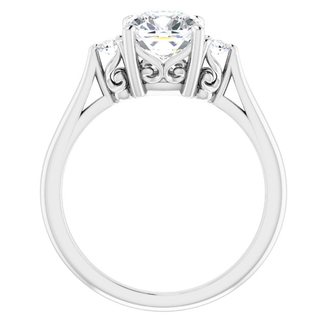 Cubic Zirconia Engagement Ring- The Malena (Customizable Three-stone Cushion Cut Design with Small Round Accents and Vintage Trellis/Basket)