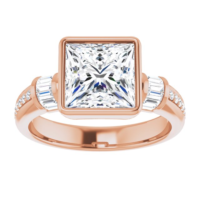 Cubic Zirconia Engagement Ring- The Danna (Customizable Cathedral-Bezel Princess/Square Cut Style with Horizontal Baguettes & Shared Prong Band)