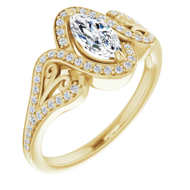 10K Yellow Gold Customizable Marquise Cut Design with Bypass Halo and Split-Shared Prong Band