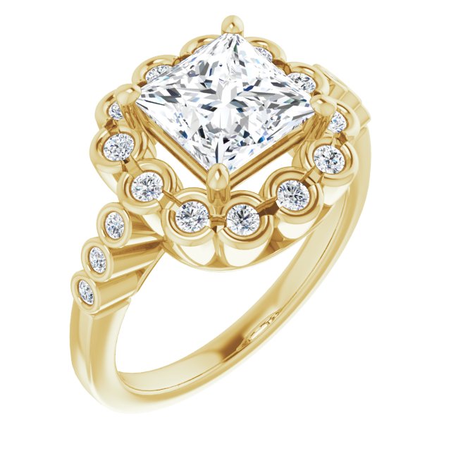 10K Yellow Gold Customizable Princess/Square Cut Design with Round-bezel Halo and Band Accents