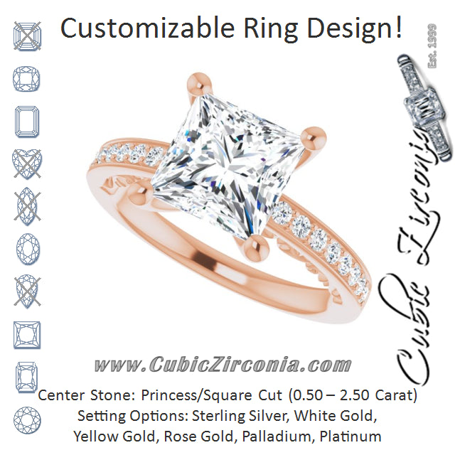 Cubic Zirconia Engagement Ring- The Eternity (Customizable Princess/Square Cut Design featuring 3-Sided Infinity Trellis and Round-Channel Accented Band)