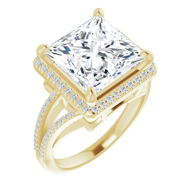 10K Yellow Gold Customizable Princess/Square Cut Vintage Design with Halo Style and Asymmetrical Split-Pavé Band