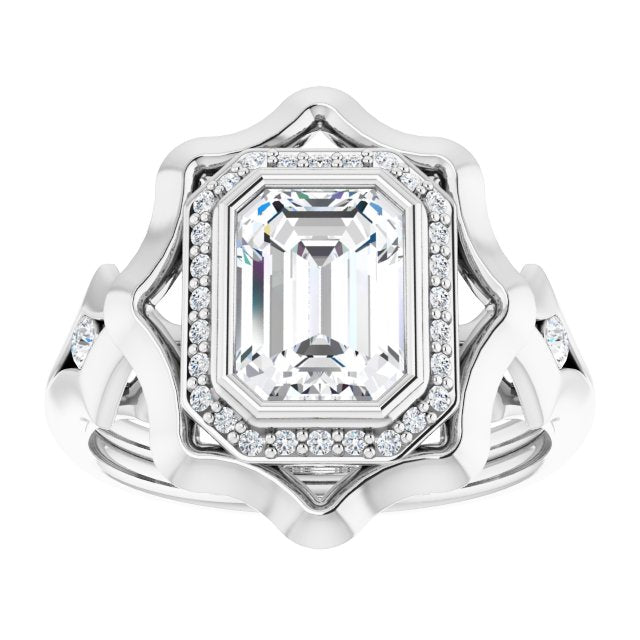 Cubic Zirconia Engagement Ring- The Jeanne (Customizable Bezel-set Radiant Cut with Halo & Oversized Floral Design)