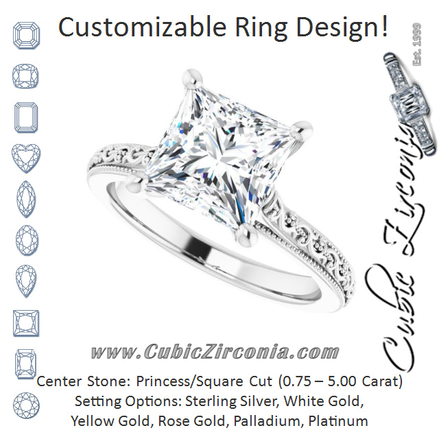 Cubic Zirconia Engagement Ring- The Conchita (Customizable Princess/Square Cut Solitaire with Delicate Milgrain Filigree Band)