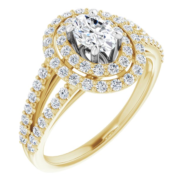 14K Yellow & White Gold Customizable Oval Cut Design with Double Halo and Wide Split-Pavé Band