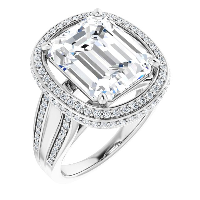 10K White Gold Customizable Halo-style Emerald/Radiant Cut with Under-halo & Ultra-wide Band
