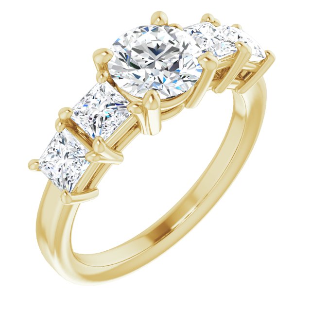 10K Yellow Gold Customizable 5-stone Round Cut Style with Quad Princess-Cut Accents