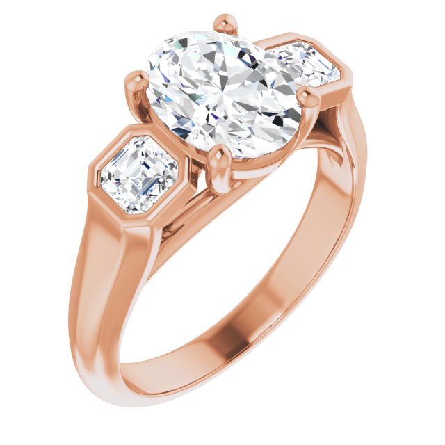 10K Rose Gold Customizable 3-stone Cathedral Oval Cut Design with Twin Asscher Cut Side Stones