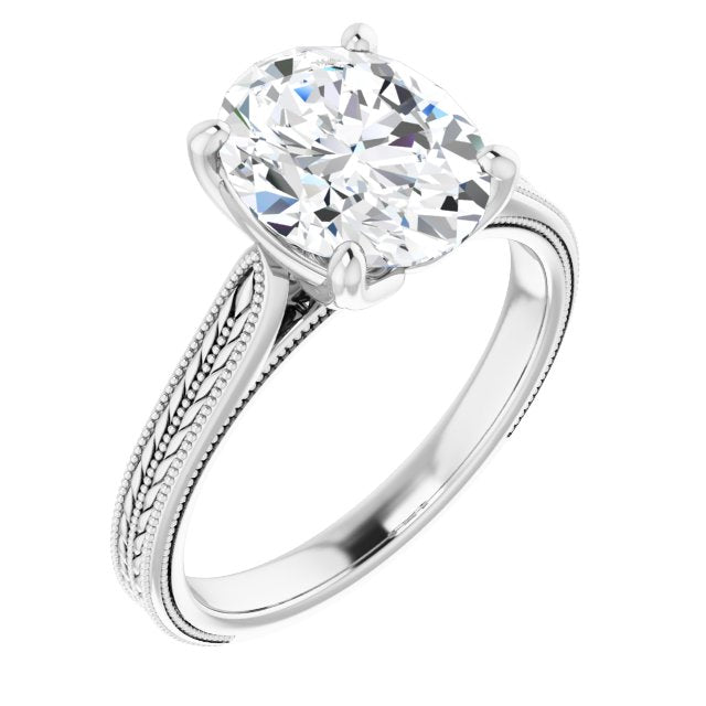10K White Gold Customizable Oval Cut Solitaire with Wheat-inspired Band 