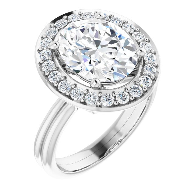 Platinum Customizable Cluster-Halo Accented Oval Cut Style with Tapered Dual Band