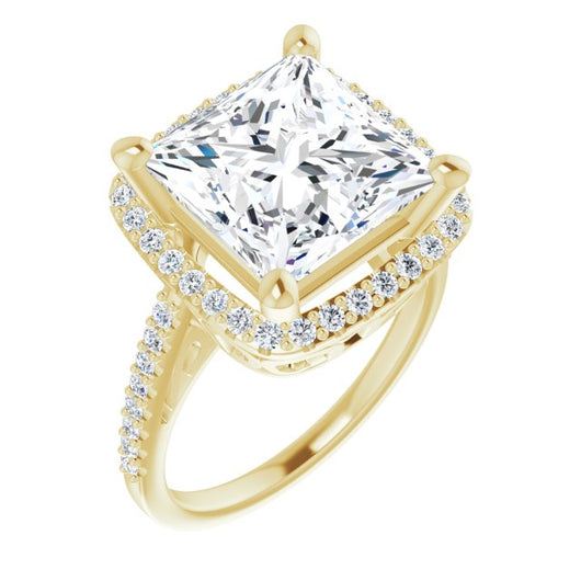 10K Yellow Gold Customizable Cathedral-Crown Princess/Square Cut Design with Halo and Accented Band