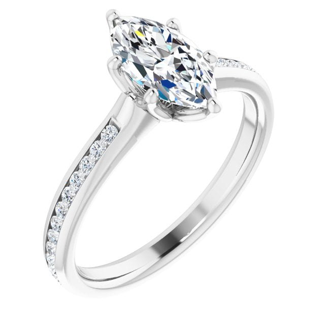 10K White Gold Customizable 6-prong Marquise Cut Design with Round Channel Accents