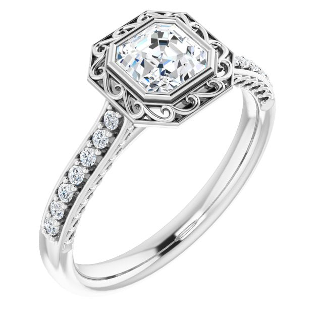 10K White Gold Customizable Cathedral-Bezel Asscher Cut Design featuring Accented Band with Filigree Inlay