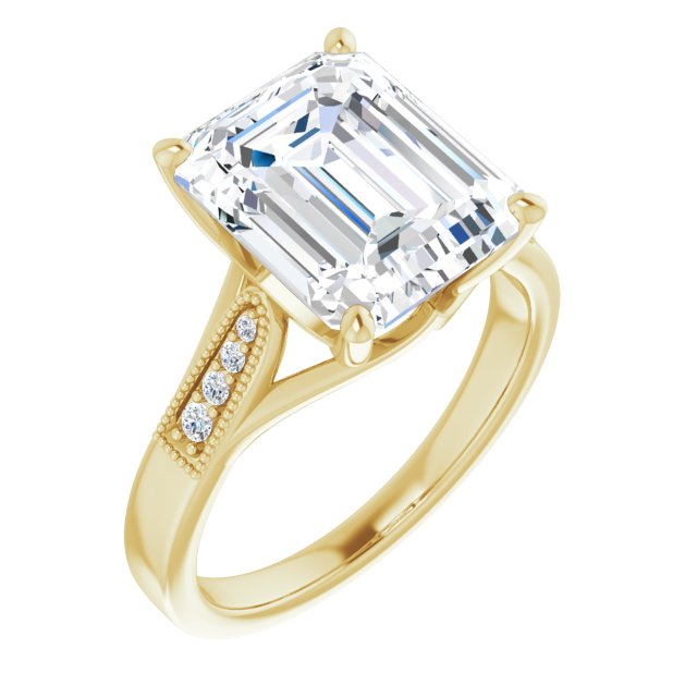 10K Yellow Gold Customizable 9-stone Vintage Design with Emerald/Radiant Cut Center and Round Band Accents