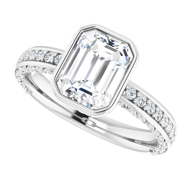 Cubic Zirconia Engagement Ring- The Araceli (Customizable Bezel-set Emerald Cut Design with Cloud-pattern Band & Semi-Eternity Accents)