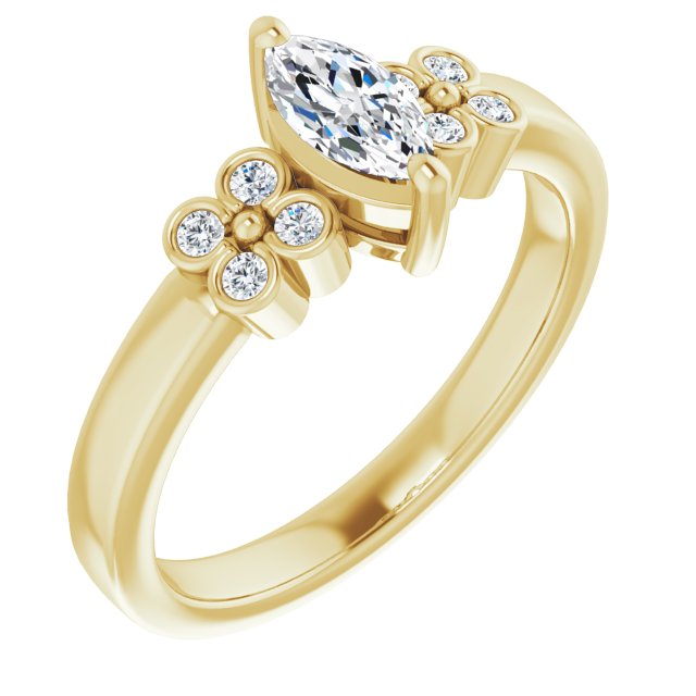 10K Yellow Gold Customizable 9-stone Design with Marquise Cut Center and Complementary Quad Bezel-Accent Sets