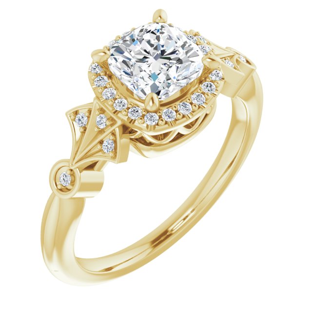 10K Yellow Gold Customizable Cathedral-Crown Cushion Cut Design with Halo and Scalloped Side Stones