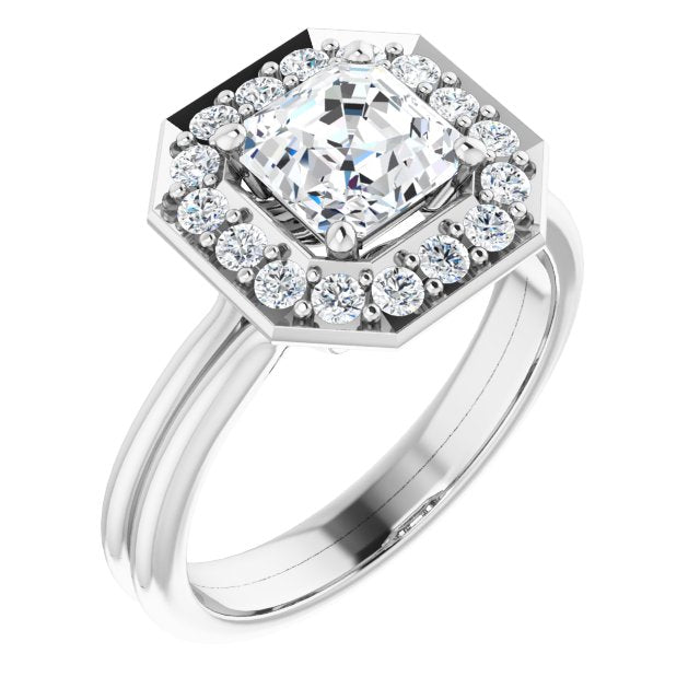 10K White Gold Customizable Cluster-Halo Accented Asscher Cut Style with Tapered Dual Band