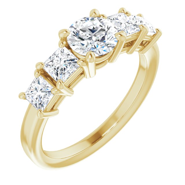 10K Yellow Gold Customizable 5-stone Round Cut Style with Quad Princess-Cut Accents