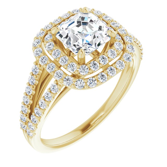 10K Yellow Gold Customizable Asscher Cut Design with Double Halo and Wide Split-Pavé Band