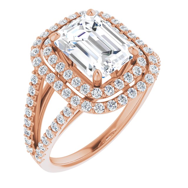 10K Rose Gold Customizable Emerald/Radiant Cut Design with Double Halo and Wide Split-Pavé Band