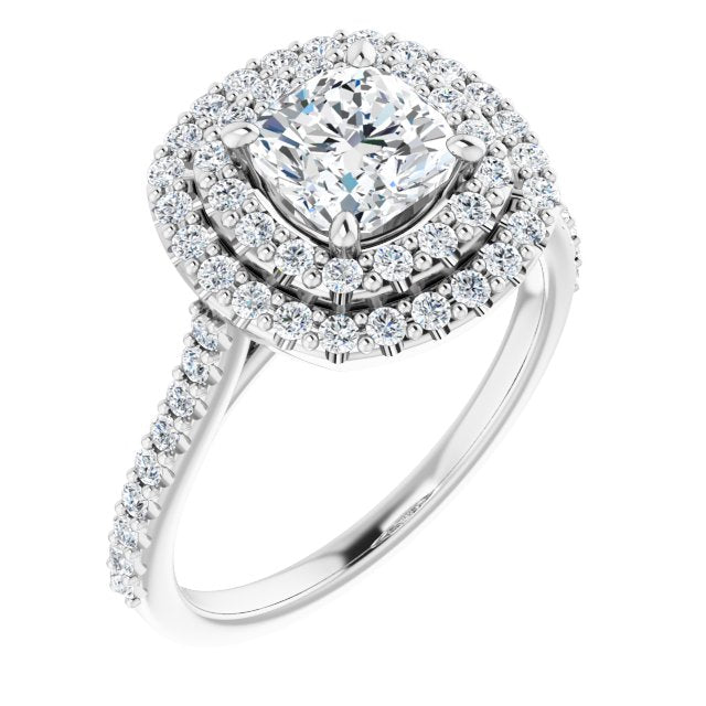 10K White Gold Customizable Double-Halo Cushion Cut Design with Accented Split Band