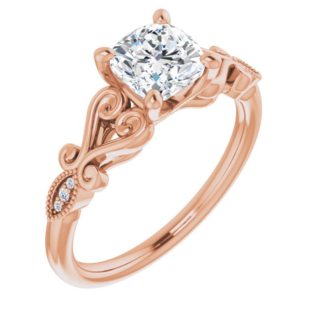 10K Rose Gold Customizable 7-stone Design with Cushion Cut Center Plus Sculptural Band and Filigree